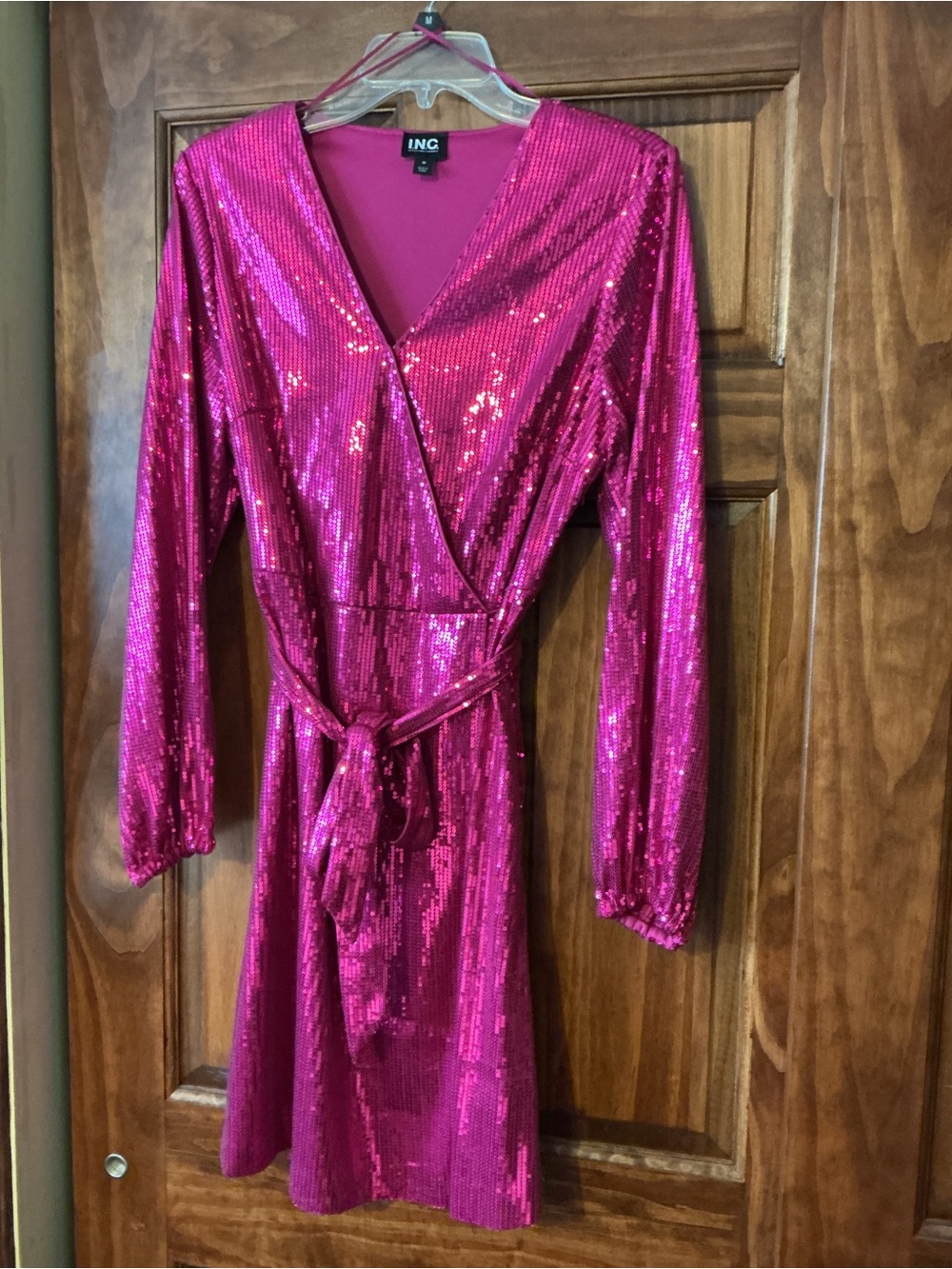 INC International Concepts Hot Pink Sequin Long Sleeve Belted Dress - Picture 2 of 3